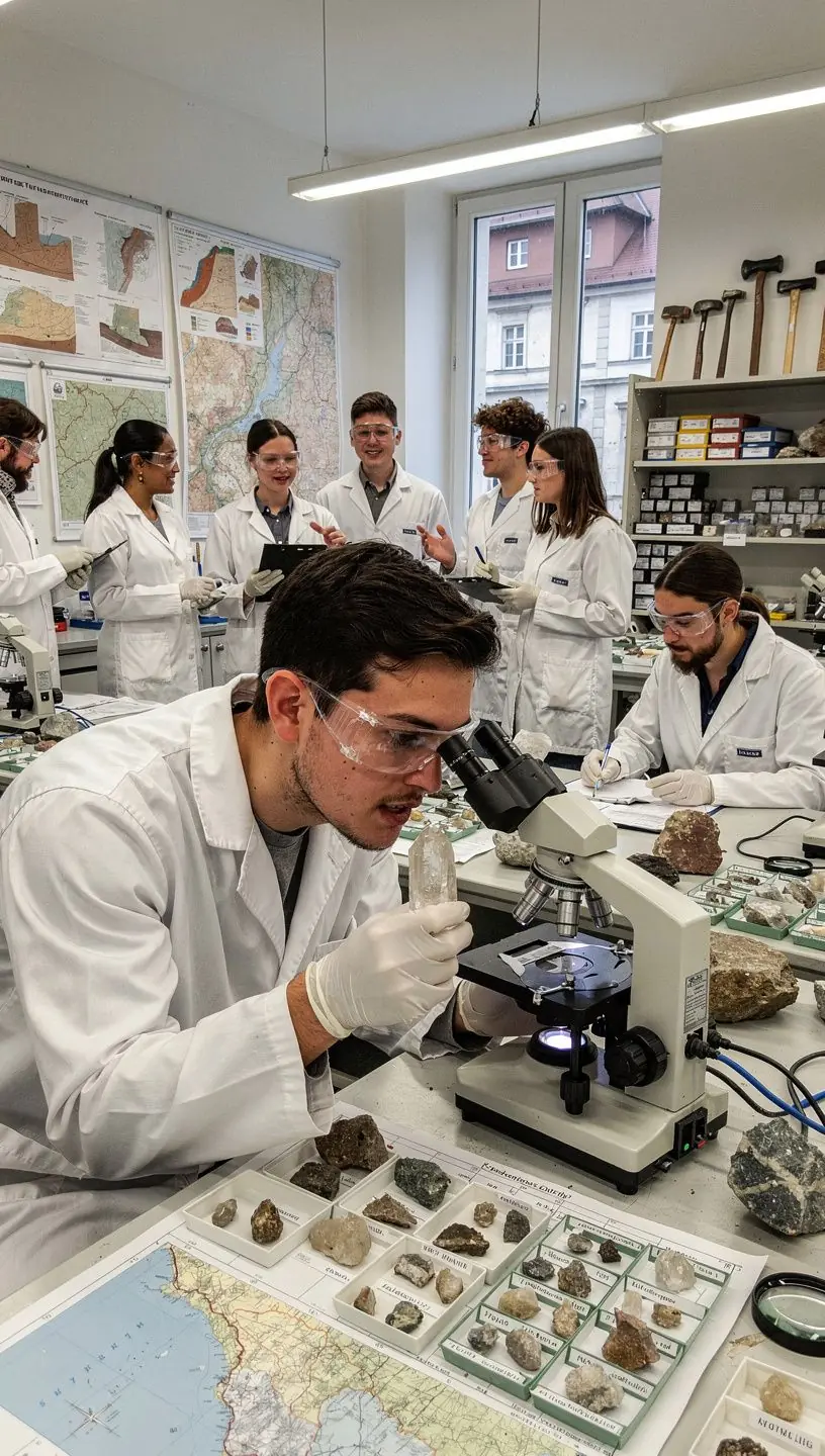 Eine Übersichtskarte von Österreich zeigt die Verteilung wichtiger Mineralien und geologischer Formationen.